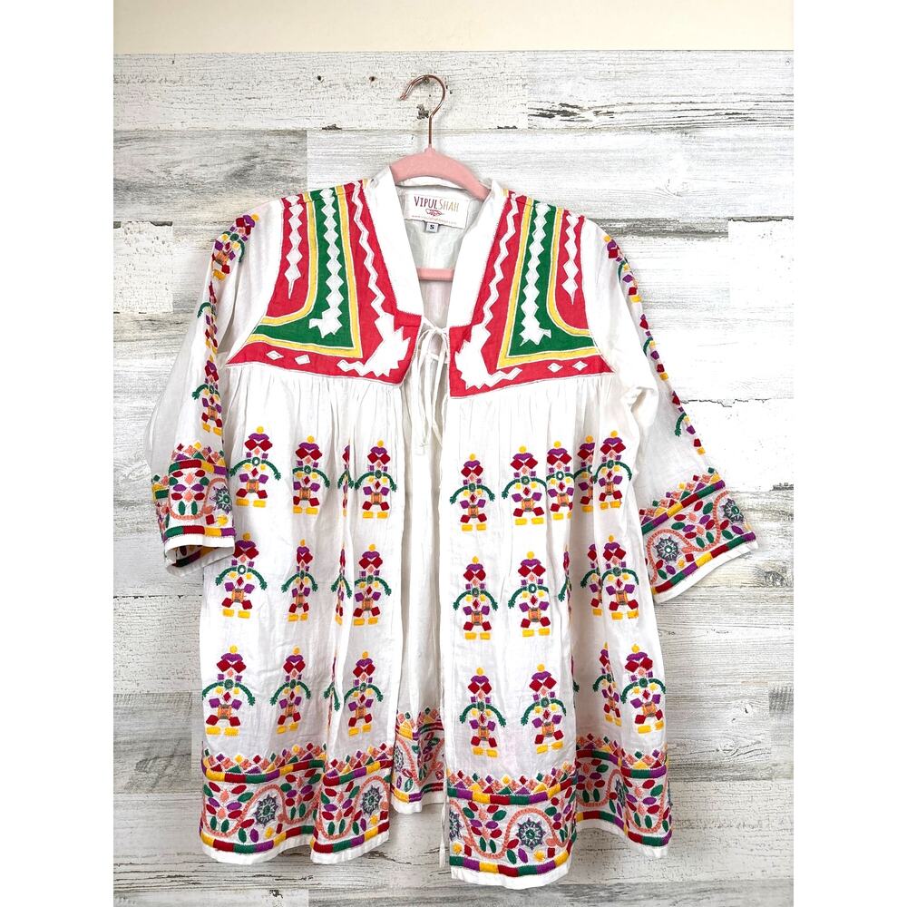 Vipul Shah Womens S Oversized Hand Embroidered Upcycled Boho Cardigan Blouse